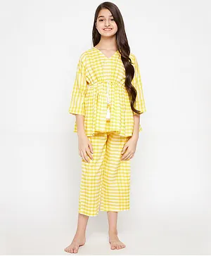 The Kaftan Company Three Fourth Sleeves Checkered Gingham Top With Pyjama - Yellow