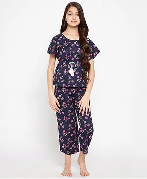 The Kaftan Company Half Sleeves Floral Print Top With Pyjama - Navy Blue