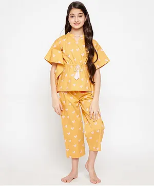 The Kaftan Company Three Fourth Sleeves Graphic Hearts Print Kaftan Top With Pyjama - Yellow
