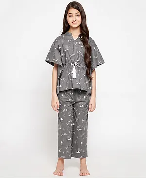 The Kaftan Company Three Fourth Sleeves Sleepy Print Kaftan Top With Pyjama - Grey