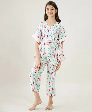 The Kaftan Company Three Fourth Sleeves Parrots Print Kaftan Top With Pyjama - White