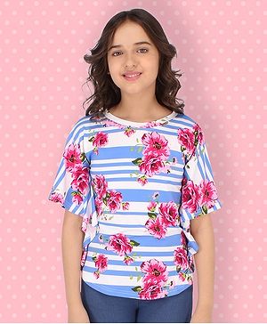 Cutecumber Half Flutter Sleeves Flower Printed & Unbalanced Striped Top - Pink & Blue