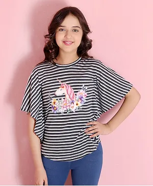 Cutecumber Half Flutter Sleeves Striped & Flowers With Unicorn Placement Printed Top - Black
