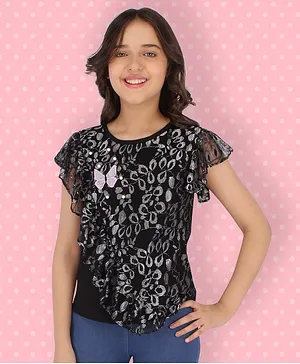 Cutecumber Short Frill Sleeves Butterfly Placement Embroidered Lace Embellished & Pearl Detailed Top - Black