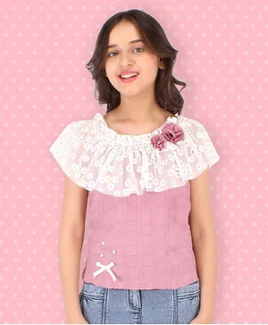 Cutecumber Short Sleeves Striped Pearls Embellished Cape Style Top - Pink