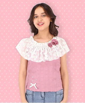 Cutecumber Short Sleeves Striped Pearls Embellished Cape Style Top - Pink