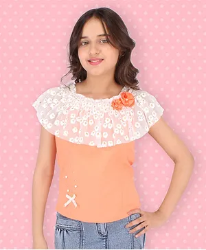 Cutecumber Short Sleeves Pearl Embellished Flower Detailed With Glitter Finish Cape Style Top - Orange
