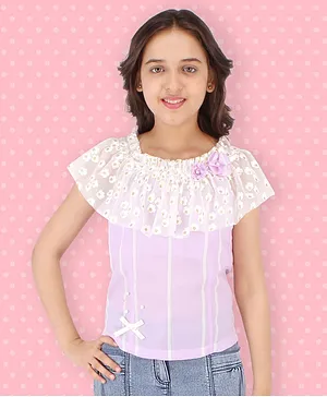 Cutecumber Short Sleeves Pearl Embellished Flower Detailed With Glitter Finish Cape Style Top - Purple