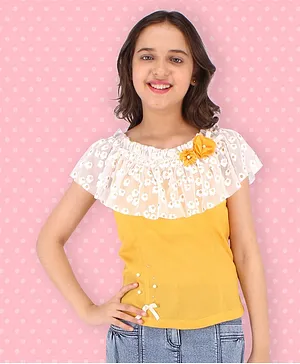 Cutecumber Short Sleeves Pearl Embellished Flower Detailed With Glitter Finish Cape Style Top - Yellow