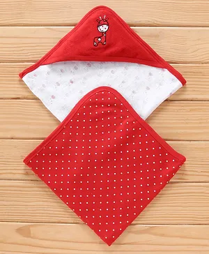 Babyhug Knit Terry Towels And Cartoon Print Pack Of 2 - Red