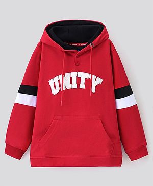 Pine Kids Full Sleeves Biowashed Hooded Sweatshirt Text Print- Red