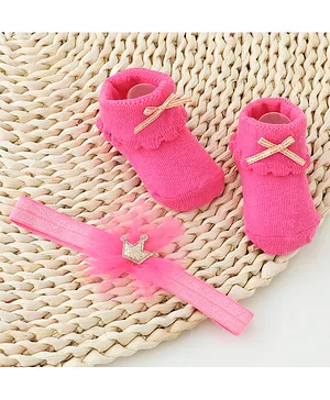 Bonfino Flower Applique Free Size Headband & Socks - Pink