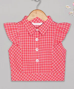 Budding Bees Cap Frill Sleeves Checkered Shirt Style Top - Red
