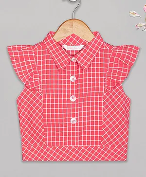 Budding Bees Cap Frill Sleeves Checkered Shirt Style Top - Red