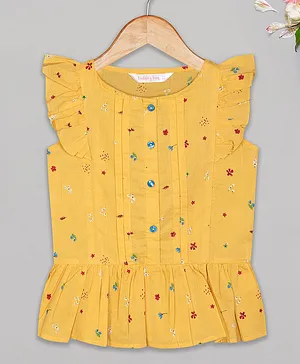Budding Bees Cap Sleeves Front Panel Pleated Flower Printed Peplum Top - Yellow