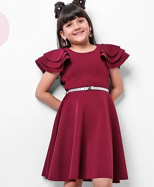 Hola Bonita Short Sleeves Solid Scuba Dress With Belt - Burgundy Pink