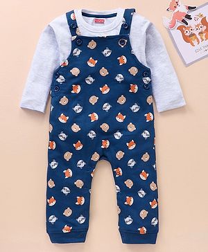 Babyhug Cotton Knit Full Sleeves Solid Tee & Fox Printed Dungaree - Grey Blue