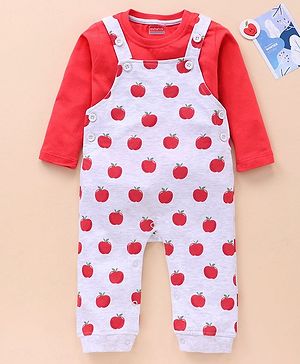 Babyhug Cotton Knit Full Sleeves Solid Tee & Apple Printed Dungaree - Red & Grey