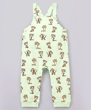 Babyhug Cotton Dungaree and Full Sleeves T-Shirt Set Cat Print - Orange and Green