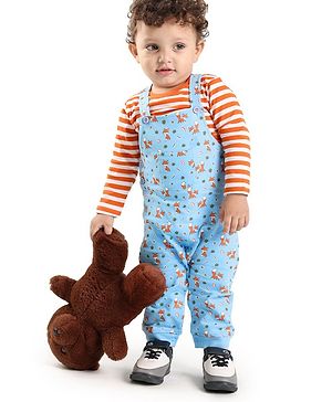 Babyhug Full Sleeves Striped T-shirt and Dungaree Set - Orange and Blue