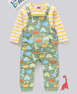 Babyhug Single Jersey Dungaree with Full Sleeves Striped T-shirt - Green and Yellow