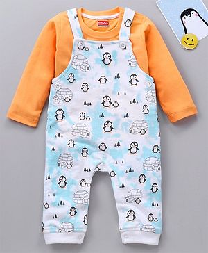 Babyhug Cotton Knit Full Sleeves Solid Tee & Igloo & Penguin Printed Dungaree - Orange & Light Blue