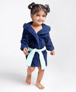 Babyhug Full Sleeves Hooded Velour Bath Robe - Navy Blue