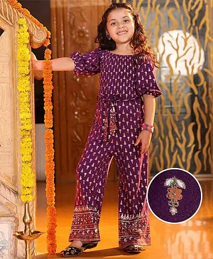 Earthy Touch Cotton Knit Half Sleeves Floral Print Jumpsuit - Purple