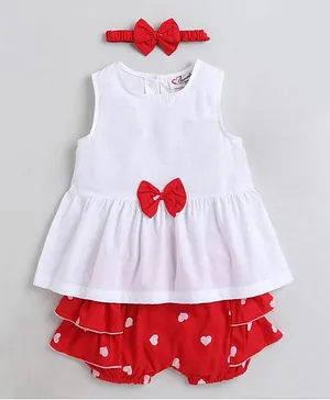 M'andy Sleeveless Bow Applique Gathered Top With Hearts Print Ruffle Shorts & Headband - White & Red