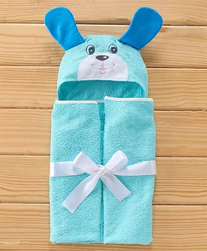 Babyhug Woven Terry Hooded Towel Dog Embroidery  - Aqua