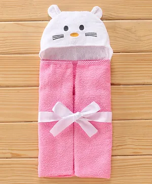 Babyhug Cotton Woven Hooded Cat Embroidery Hodded Towel - Pink