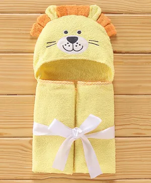 Babyhug Cotton Woven Hooded Lion Embroidery Hodded Towel - Yellow