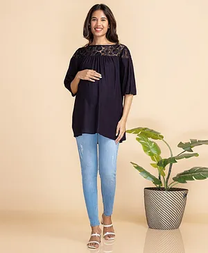 Bella Mama Three Fourth Sleeves Woven Lace Yoke Maternity Top - Navy Blue