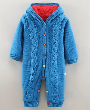 Yellow Apple Full Sleeves Hooded Winter Wear Romper Embroidered - Blue
