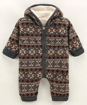Yellow Apple Full Sleeves Cotton Intarsia Design Hooded Romper - Brown