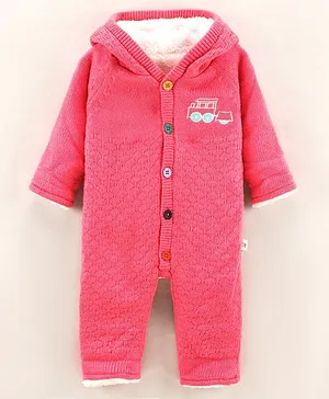 Yellow Apple Full Sleeves Cotton Vehicle Embroidered Romper - Pink