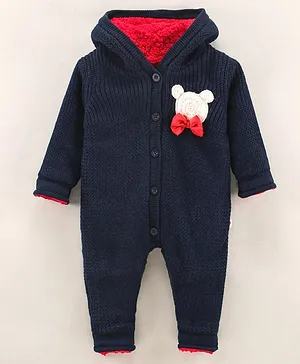 Yellow Apple Full Sleeves Cotton Embroidered Romper with Bow Applique - Blue