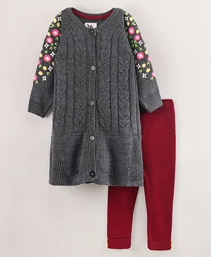 Yellow Apple Full Sleeves Winter Wear Suit Floral Embroidery - Grey