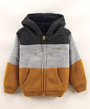 Yellow Apple Full Sleeves Hooded Sweater Color Block Design - Yellow Grey