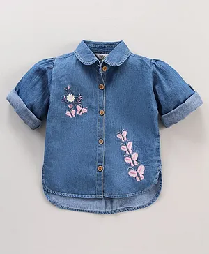 ToffyHouse Full Sleeves Shirt Style Denim Top Floral Embroidered - Denim Blue