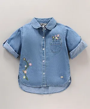 ToffyHouse Full Sleeves Shirt Style Denim Top Floral Embroidered - Ice Blue