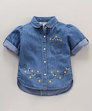 Toffyhouse Full Sleeves Shirt Style Denim Top Honey Bee Embroidery - Blue