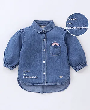 ToffyHouse Full Sleeves Shirt Style Denim Top Text Embroidered - Denim Blue