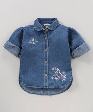 ToffyHouse Full Sleeves Shirt Style Denim Unicorn Embroidered Top - Blue