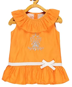 Young Birds Sleeveless Flounce & Ruffle Detailed Placement Floral Embroidered Top - Orange