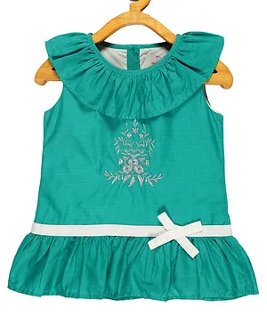 Young Birds Sleeveless Flounce & Ruffle Detailed Placement Floral Embroidered Top - Green