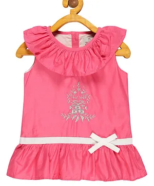 Young Birds Sleeveless Flounce & Ruffle Detailed Placement Floral Embroidered Top - Pink