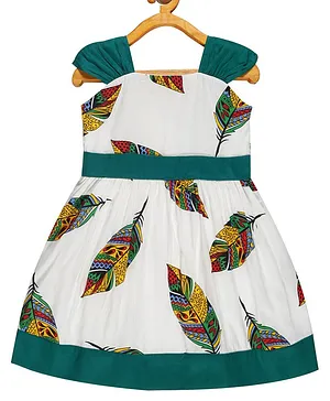 Young Birds Cap Sleeves All Over Abstract Feather Printed Fit & Flare Dress - White & Green