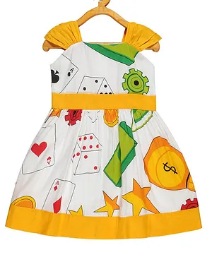 Young Birds Sleeveless All Over Star & Dollar With Dice Printed Fit & Flare Dress - White & Yellow