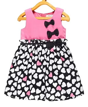 Young Birds Sleeveless Bow Applique Bodice Hearts Printed Flare Paperbag Style Gathered Dress - Pink & Black